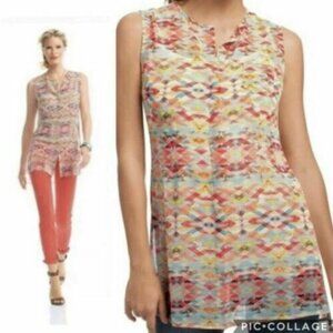 CAbi #760 Avery Sheer Aztec Sleeveless Button Down Tunic Top